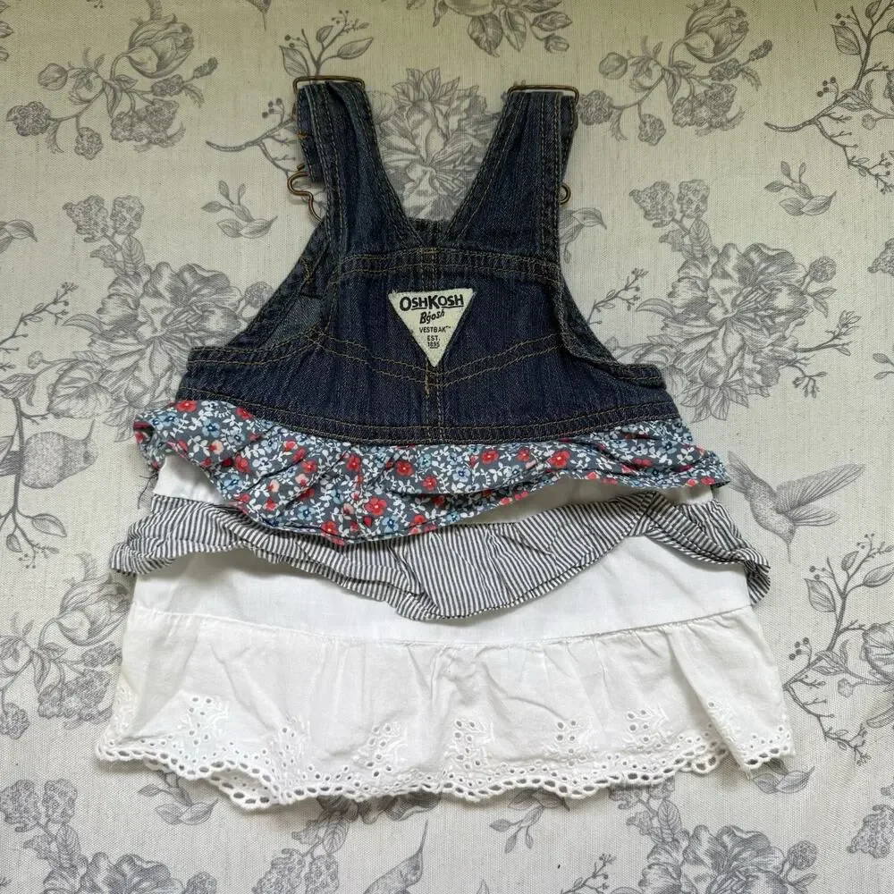 OshKosh B'gosh Baby Girls Floral Lace Tier Overall Dress 6 Months Denim Jean